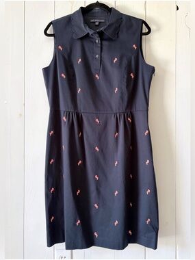 346 Brooks Brothers Navy Scallop Collar Dress with Pink Embroidery Birds
